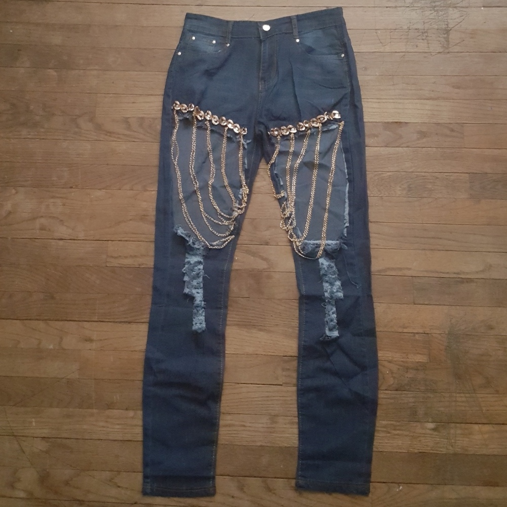 New! Gold Chain Ripped Distressed Denim Jeans